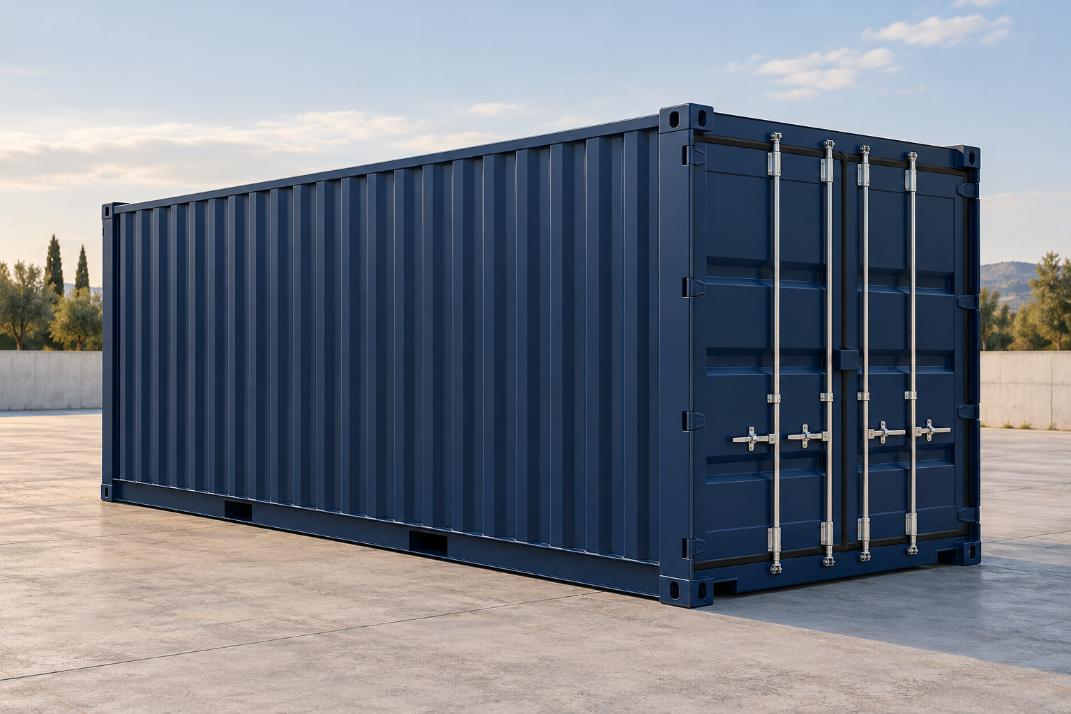 Illustration réaliste d’un conteneur de stockage bleu à portes métalliques