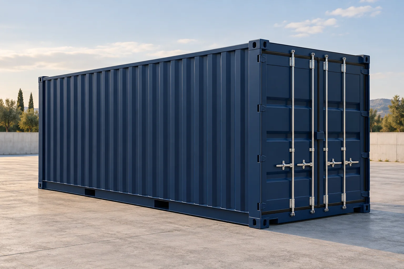 Illustration réaliste d’un conteneur de stockage bleu à portes métalliques
